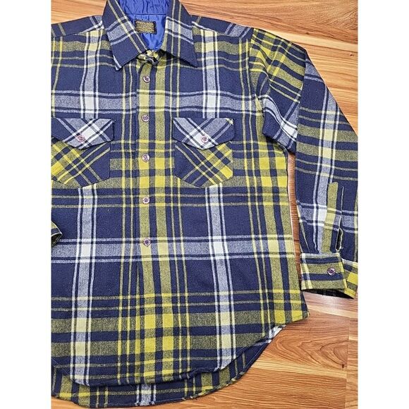 Vtg Sears Perma Prest Wool Flannel Plaid Blue Yellow Button Shirt Men Size Large - Picture 2 of 7